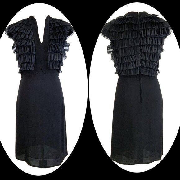 Vintage Badgley Mischka Black Tiered Ruffle Cocktail Party Dress Size 6 - Picture 2 of 16